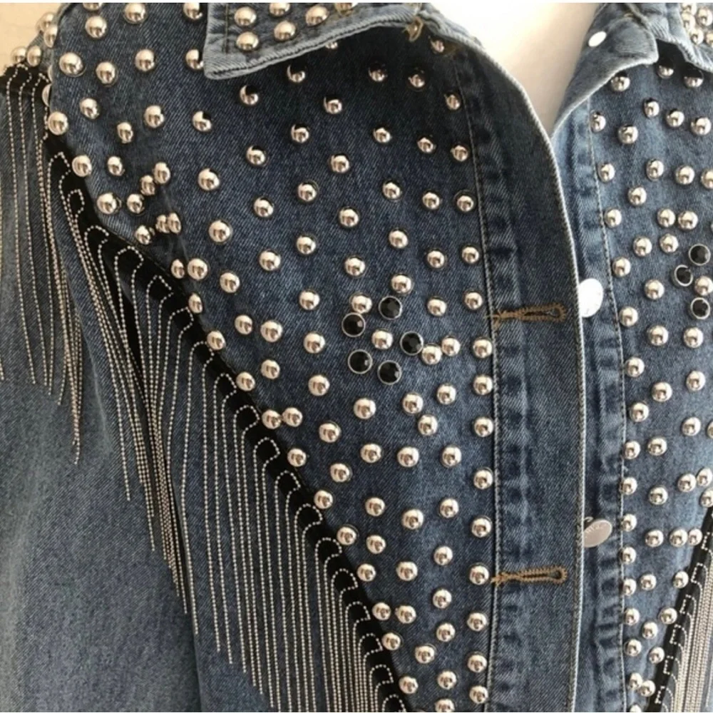 Blue Studded Fringe Statement Denim Jacket Size XL